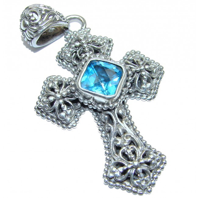 Holy Cross genuine Blue Aqua Topaz .925 Sterling Silver handmade pendant