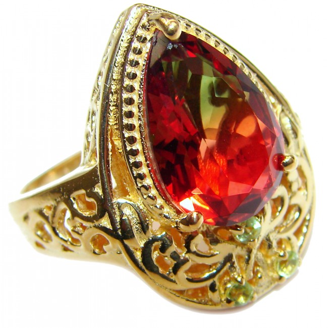 Pear cut watermelon Tourmaline 18K Gold over .925 Sterling Silver handcrafted Ring s. 9 1/4