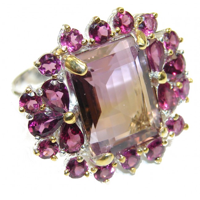 CASCADING COLORS 45ctw Ametrine .925 Sterling Silver handcrafted LARGE Ring s. 8 1/2