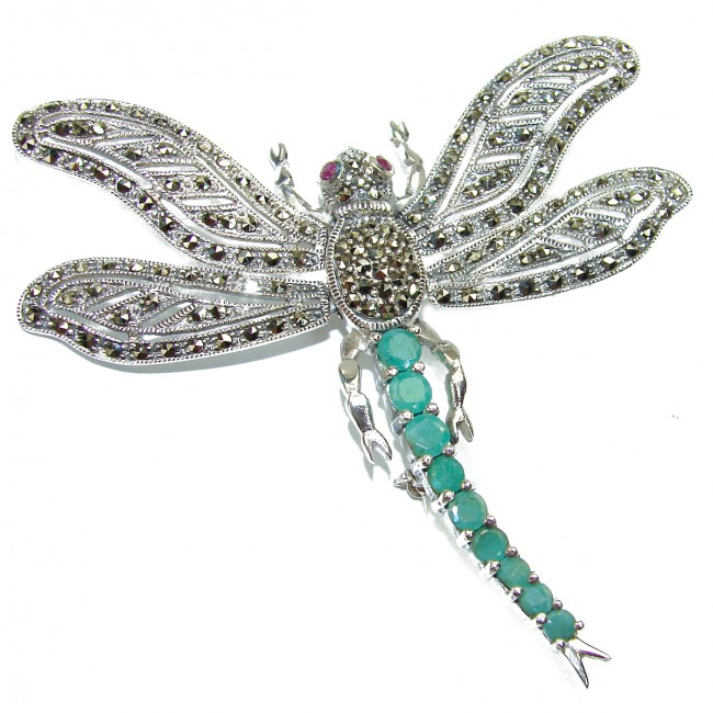 Huge 3 inches Incredible Dragonfly Natural Ruby 925 Sterling Silver Pendant Brooch