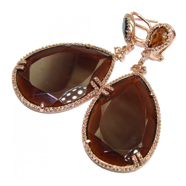 Big! Fancy Quality Brown Smoky Topaz Rose Gold Plated Sterling Silver earrings