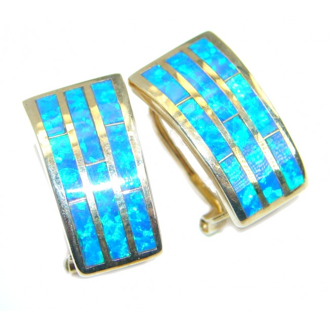 Luxury Lab. Blue Japanese Fire Opal .925 Sterling Silver handmade earrings