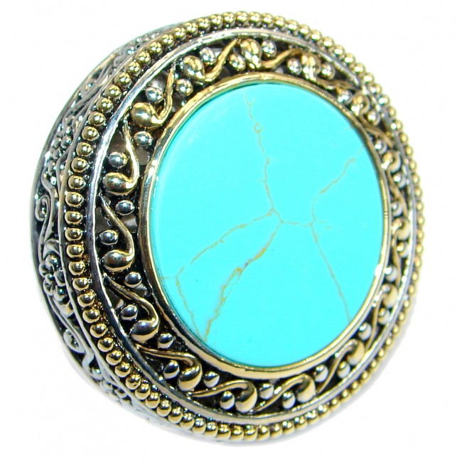 Giant! Perfect Turquoise Two Tones .925 Sterling Silver handmade Ring s. 8