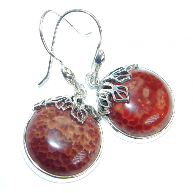 Fancy Design Orange Mexican Fire Agate .925 Sterling Silver handmade earrings