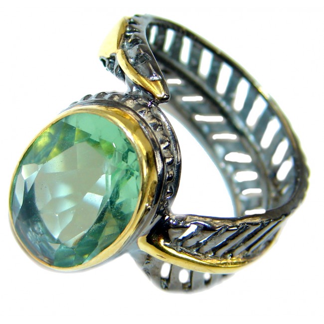 Vintage Style Green Amethyst 14K Gold over .925 Sterling Silver handmade Cocktail Ring s. 8