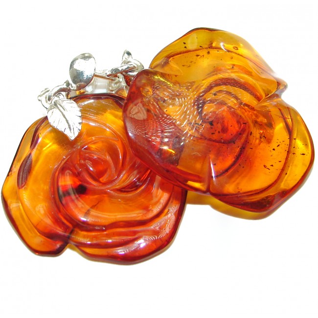 Genuine carved Roses Baltic Amber .925 Sterling Silver handcrafted Earrings