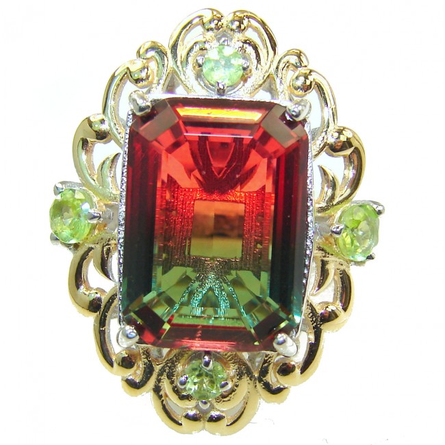 HUGE Emerald cut Watermelon Tourmaline color Topaz .925 Sterling Silver handcrafted Ring s. 6 1/2