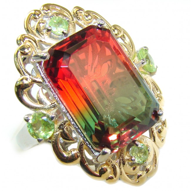 HUGE Emerald cut Watermelon Tourmaline color Topaz .925 Sterling Silver handcrafted Ring s. 6 1/2