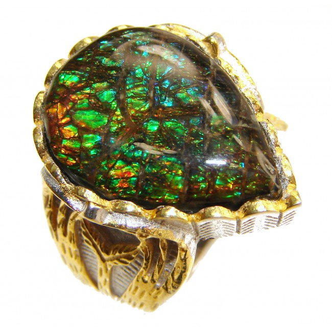 Pure Energy Genuine Canadian Ammolite 18K Gold over .925 Sterling Silver handmade ring size 8