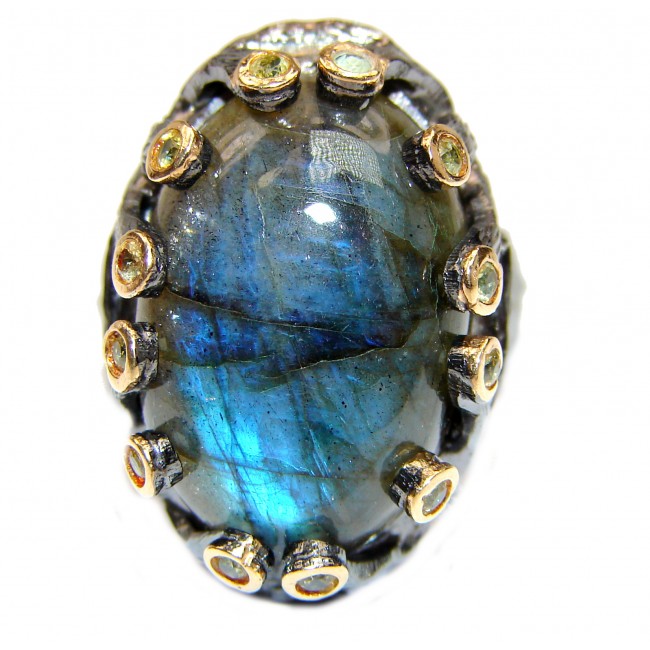 Fire Labradorite 18K Gold over .925 Sterling Silver handmade ring size 8
