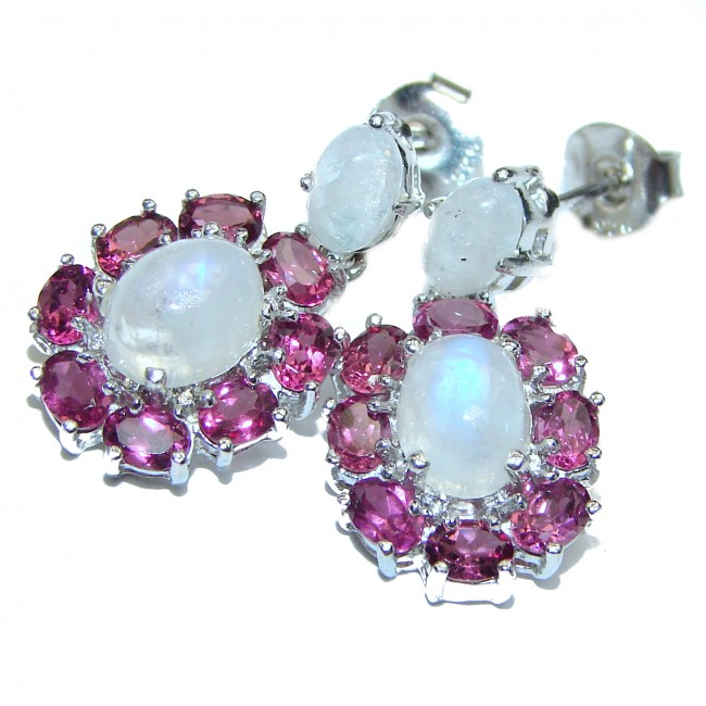 Angelica Rainbow Moonstone Garnet .925 Sterling Silver handcrafted stud earrings