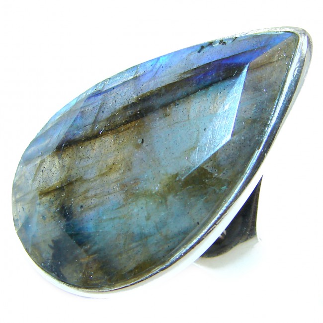 Silky faceted Fire Labradorite 2 tones .925 Sterling Silver handmade ring size 7 adjustable