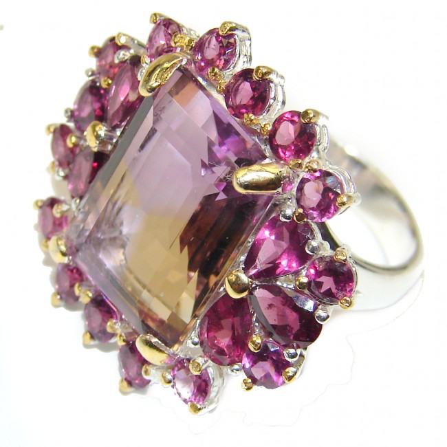 CASCADING COLORS 45ctw Ametrine .925 Sterling Silver handcrafted LARGE Ring s. 8 1/2