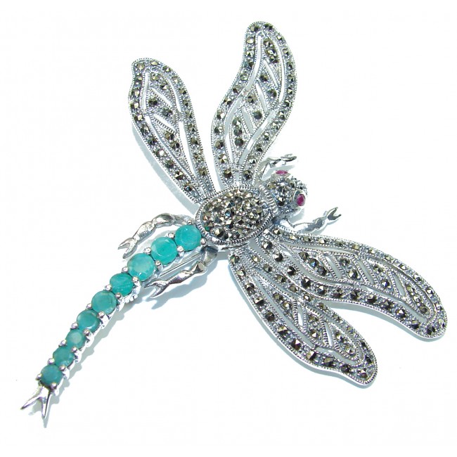 Huge 3 inches Incredible Dragonfly Natural Ruby 925 Sterling Silver Pendant Brooch