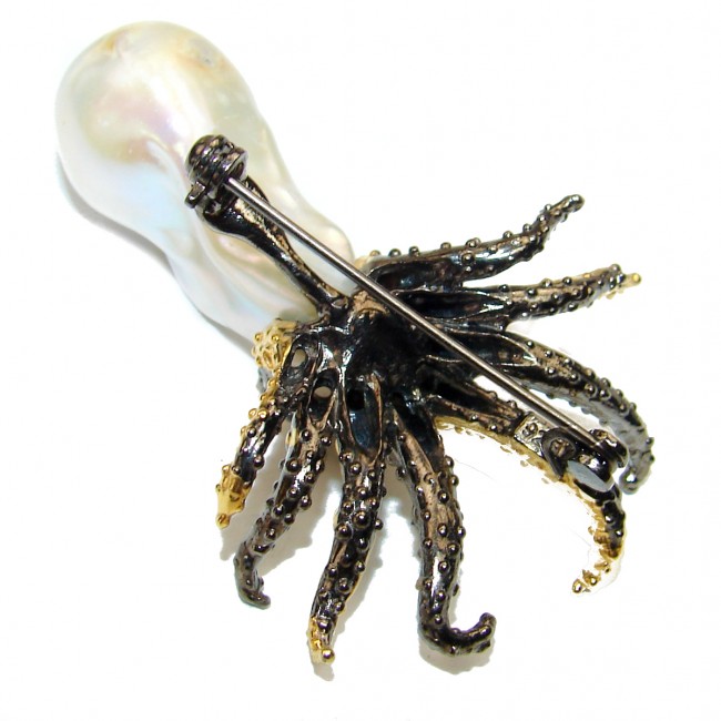 Octopus Design Genuine Mother of pearl 14K Gold .925 Sterling Silver handmade Pendant Brooch