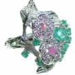 Floral design authentic Emerald  Ruby .925 Sterling Silver Large handcrafted Ring size 8
