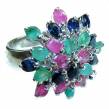 Bright Creation Emerald Sapphire Ruby  .925 Sterling Silver handmade Ring size 7 1/4
