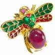 Lucky Bee Enamel Ruby 18K Gold over   .925 Sterling Silver Huge handcrafted Ring s. 8 1/4