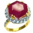 Rare Hexagon cut  10.5 carat Great quality unique Ruby  14K Gold over .925 Sterling Silver handcrafted  Ring size 8