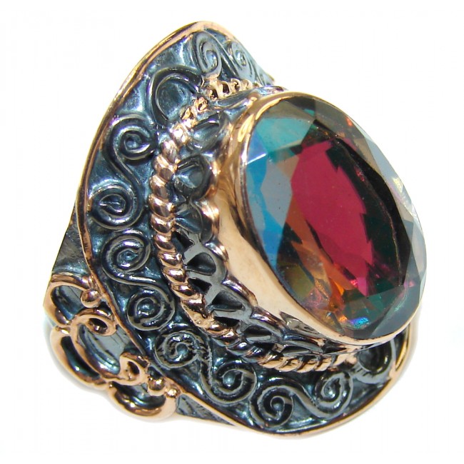 Exotic Rainbow Dichroid Glass, Rose Gold Plated, Rhodium PLated Sterling Silver Ring s. 7 1/4