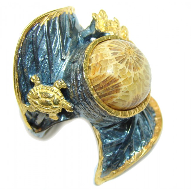Big! Gorgeous Brown Fossilized Coral, Gold PLated, Rhodium Plated Sterling Silver ring s. 7