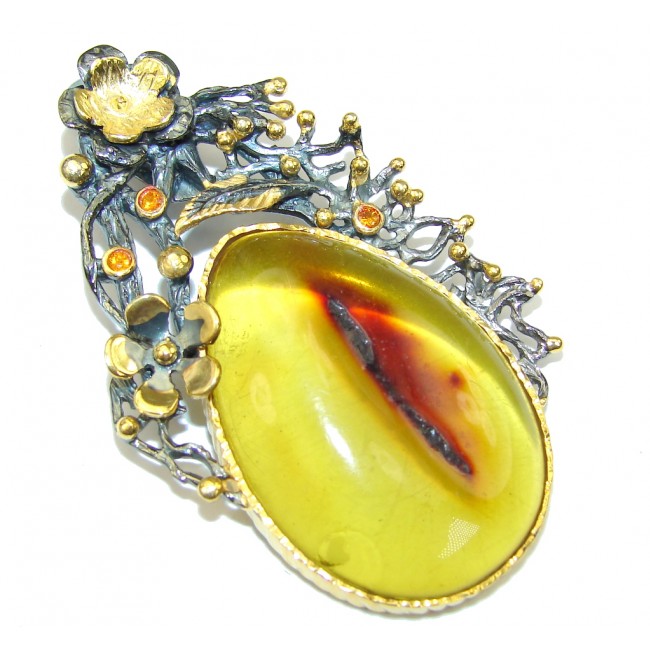 Natural Beauty! AAA Green Baltic Polish Amber, Gold Plated, Rhodium Plated Sterling Silver Pendant