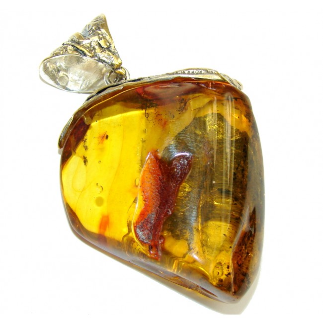 Huge Amber Real Time Capsule Two Tones Sterling Silver Pendant