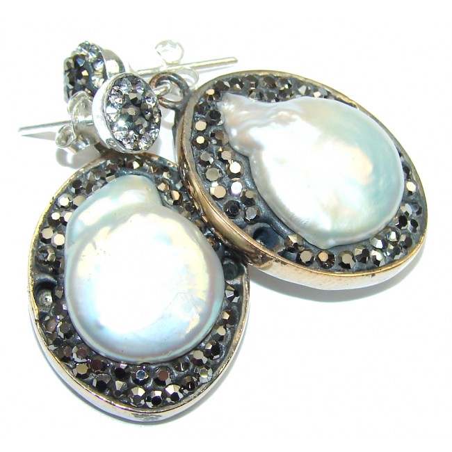 Classic Design! Mother Of Pearl & White Topaz & Marcasite Sterling Silver earrings