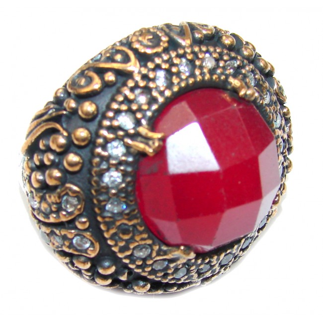 Victorian Style! Red created Ruby & White Topaz Sterling Silver Ring s. 7 1/4