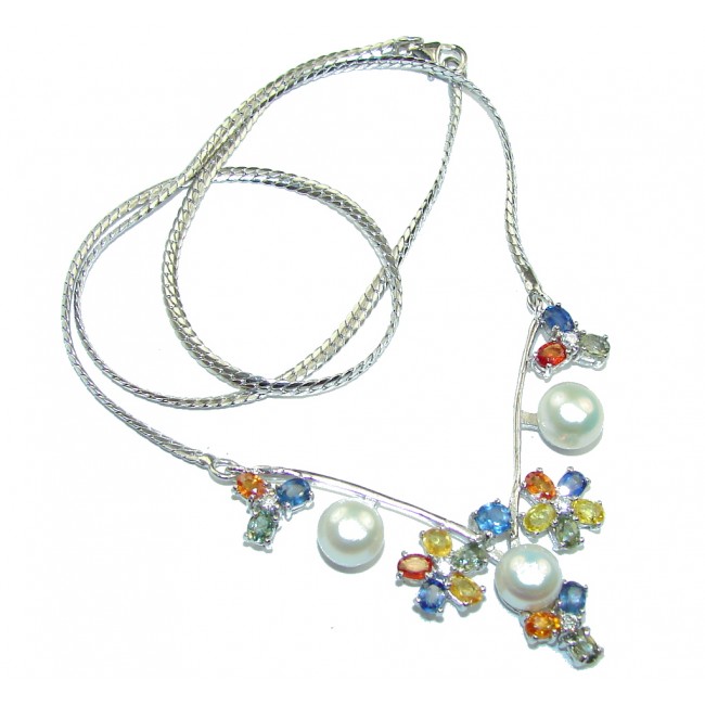 Natural White Pearl & Multicolor Sapphire Sterling Silver necklace
