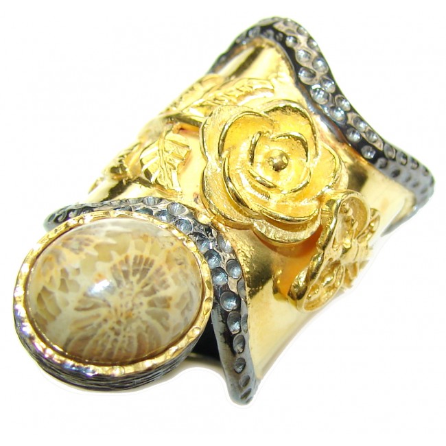 Big! Gorgeous Brown Fossilized Coral, Gold PLated, Rhodium Plated Sterling Silver ring s. 6