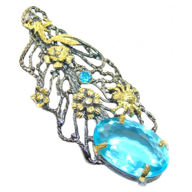 Stunning! Swiss Blue Topaz, Gold Plated, Rhodium Plated Sterling Silver Pendant