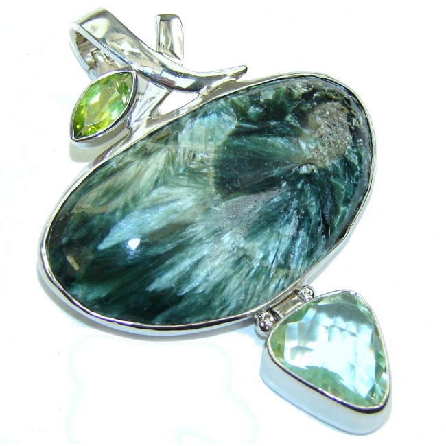 Green Secret! Green Seraphinite & Peridot & Green Amethyst Sterling Silver Pendant