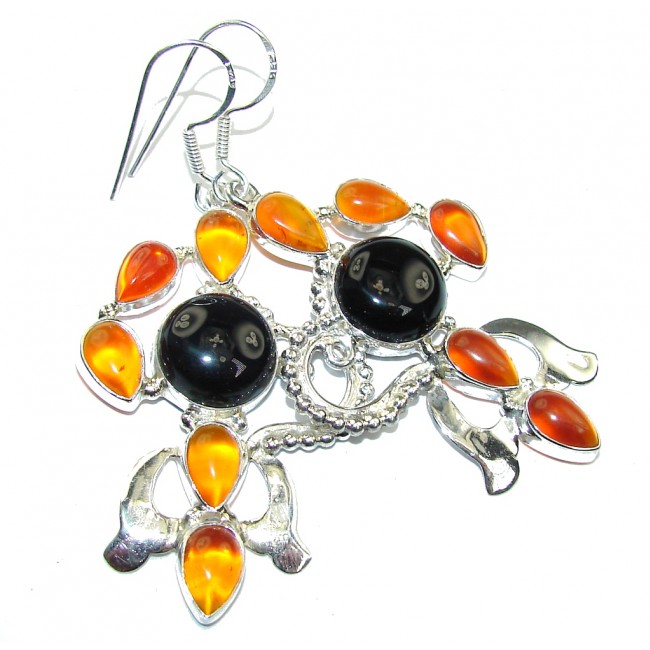 Big! Excellent Black Onyx & Orange Carnelian Sterling Silver earrings