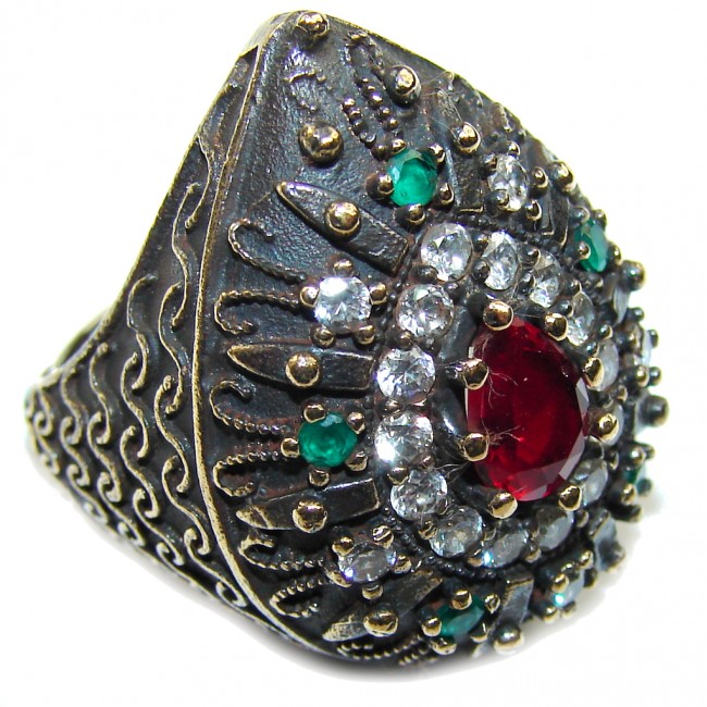 Victorian Style! Red Ruby & Emerald & White Topaz Sterling Silver Ring s. 6 1/2