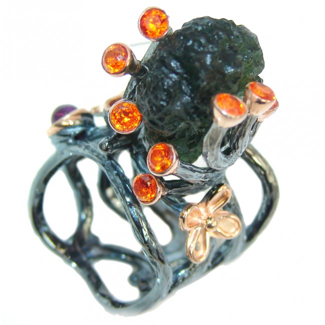 Big! Stunning Green Moldavite, Rose Gold Plated, Rhodium Plated Sterling Silver Ring s. 7 1/2