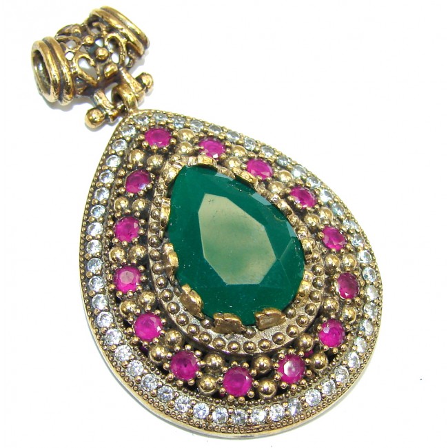 Victorian Style Red Ruby & Emerald & White Topaz Sterling Silver Pendant