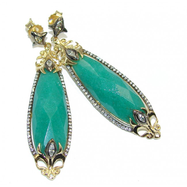 Excellent AAA Green Jade Two Tones Sterling Silver Earrings