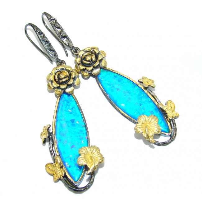 Floral Design Blue Fire Opal, Gold Plated, Rhodium Plated Sterling Silver earrings / Long