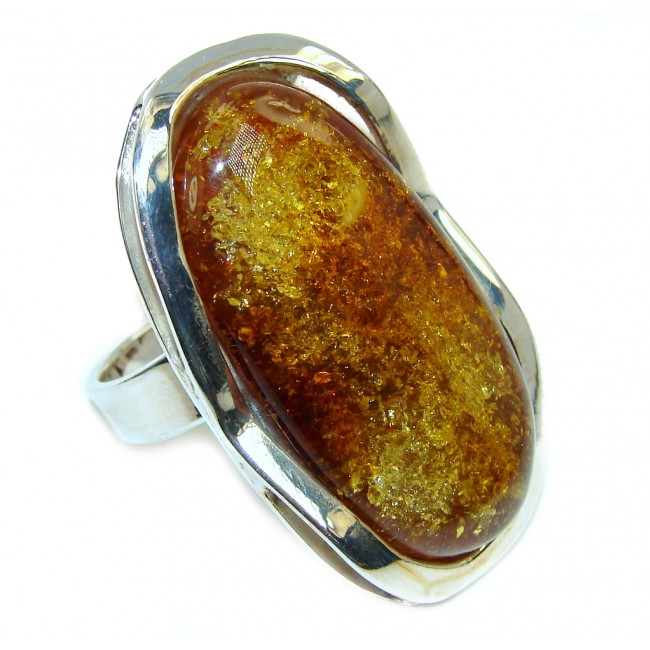 Big! Vintage Look AAA Green Polish Amber Sterling Silver Ring s. 7