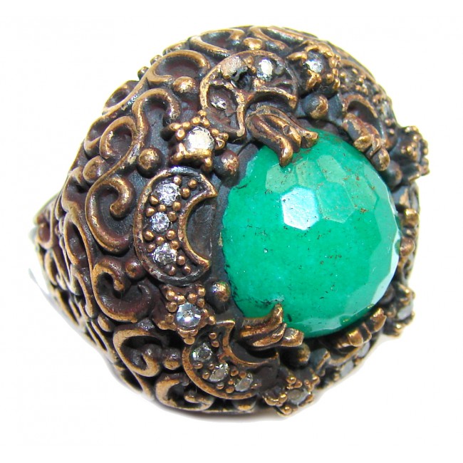 Big! Victorian Style! Green Emerald & White Topaz Sterling Silver Ring s. 8