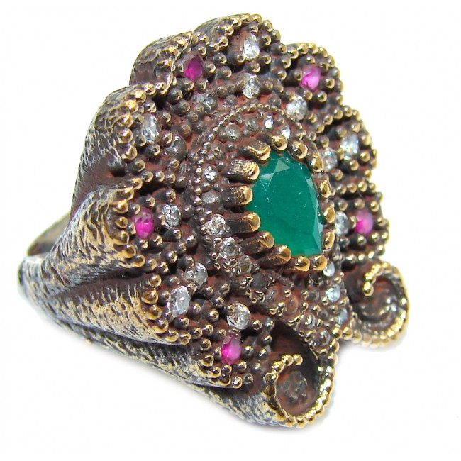 Victorian Style! Green Emerald & Ruby & White Topaz Sterling Silver Ring s. 5