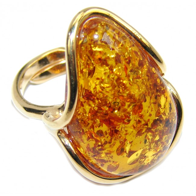 Genuine AAA Brown Polish Amber, Rose Gold Plated Sterling Silver Ring s. 8 - adjustable