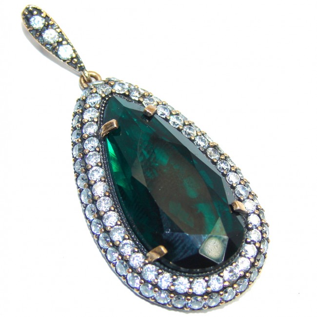 Victorian Style Created Emerald & White Topaz Sterling Silver Pendant