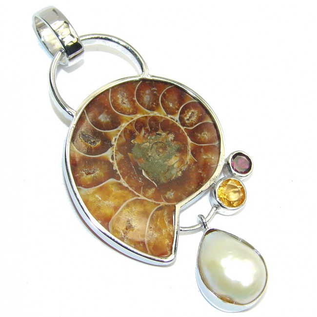 Secret Beauty Brown Ammonite Fossil Sterling Silver Pendant