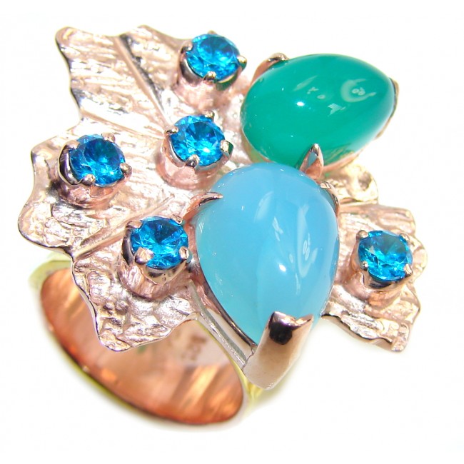 Beautiful Style! Green - Blue Agate, Rose & Gold Plated Sterling Silver Ring s. 6