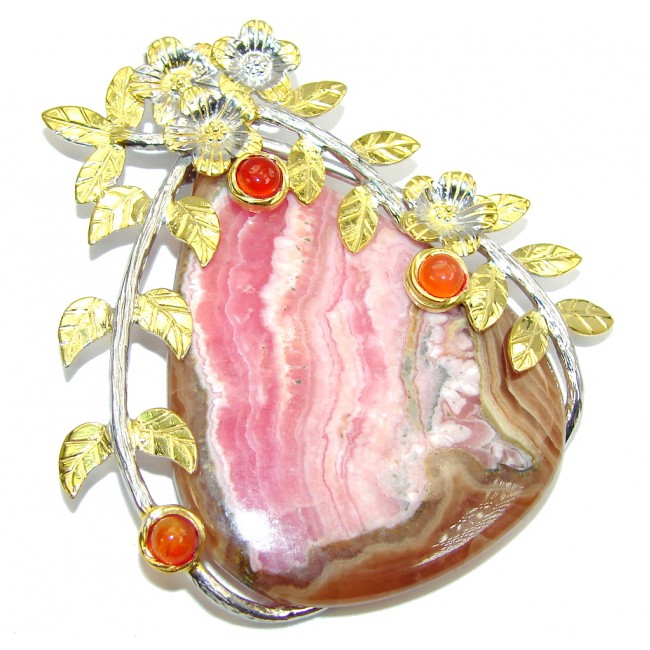 Big! Stunning AAA Pink Rhodochrosite, Two Tones Sterling Silver Pendant