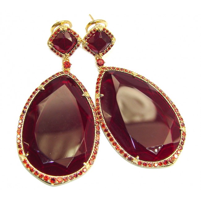Large! Stunning Creatred Red Ruby & Garnet, Gold Plated Sterling Silver earrings