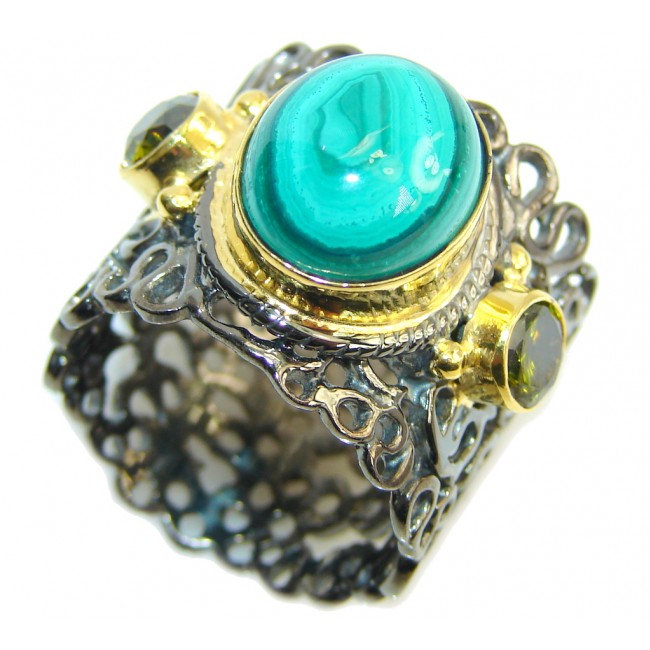 Beautiful Green Malachite, Gold Plated, Rhodium Plated Sterling Silver ring s. 7