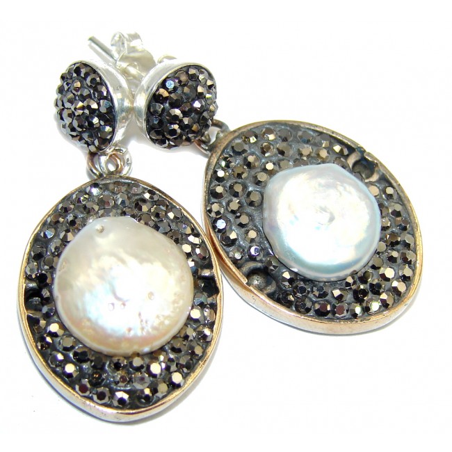 Classic Design! Mother Of Pearl & Marcasite Sterling Silver earrings